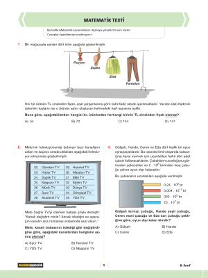 8. SINIF SÜREÇ İZLEME DENEMELERİ MATEMATİK 1